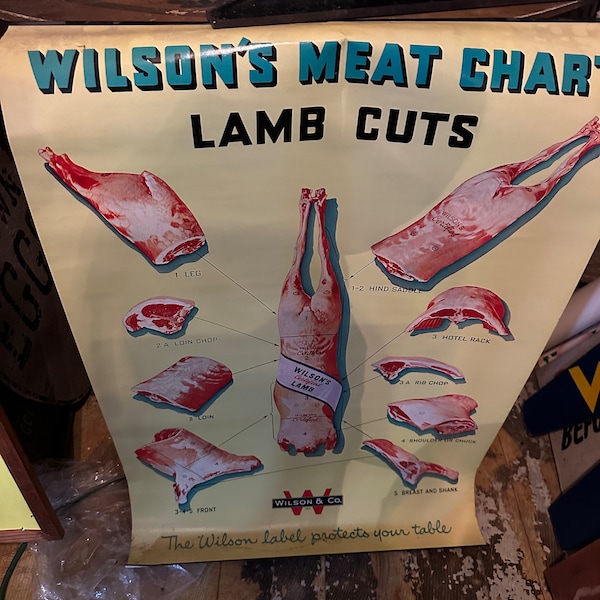 1950s Wilson’s Meat Chart Butchering Butcher Lamb Cuts Kitchen Farmhouse Country