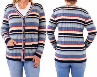 Vintage 1960s 1970s Stripe Knit Sweater Dress Mod Retro Midi Mid Century