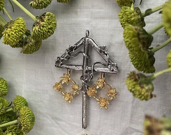 Maypole pendant, may queen necklace, sterling silver and brass, may day, Beltane, pagan jewelry, may tree, ivy leaves and daffodil wreaths