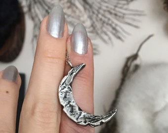 Haunted moon pendant, sterling silver crescent moon necklace, raw texture jewelry, oxidized jewelry