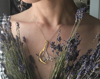 Druidess silver and brass pendant, sickle and mistletoe necklace, Celtic art, botanical charm, unique gift for her