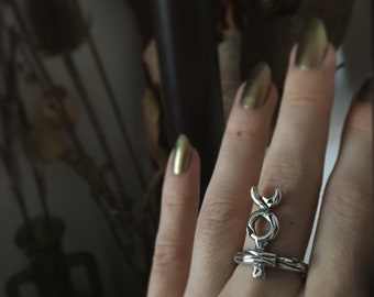 Mercury alchemy ring, oxidized silver jewelry, hand-forged, hand-carved, alchemical symbol ring, occult ring, birthday gift, dark jewelry