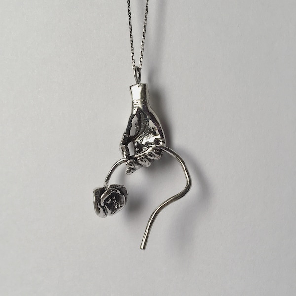 Ophelia's hand silver pendant, hand necklace, Pre-Raphaelite art, Victorian mourning inspired jewelry, poppy flower