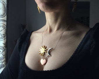 Elixir vitae necklace, philosopher's stone, alchemy moon and sun, hermetic queen and king, heart flacon jewelry, MADE TO ORDER