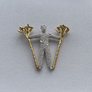 Burryman necklace, silver and brass sculptural jewelry, Wilder Mann, pagan character art, Scotland folklore, floral wand, Green Man pendant