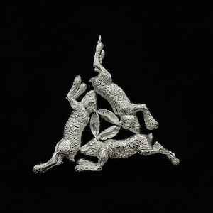 Triple Hare Pendant in Silver Plated Brass: Handmade Three Rabbits Triskele Necklace, Verdant Mythos