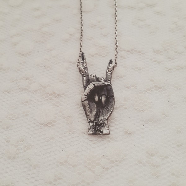 Horned hand necklace, witch hand pendant, occult jewelry, mano cornuto, sign of the horns necklace