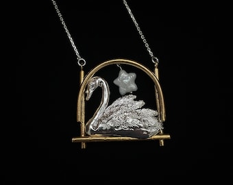 Cygnus swan pendant, constellation star necklace, animal jewelry, star pearl jewelry, whimsical and ethereal jewelry, gift for loved ones