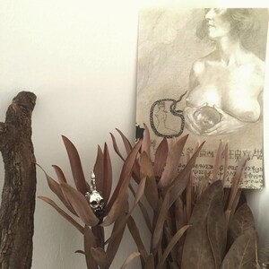 May include: A silver skull pendant with a pointed top sits on a bed of brown dried leaves. The skull is detailed with a small nose and eye sockets.