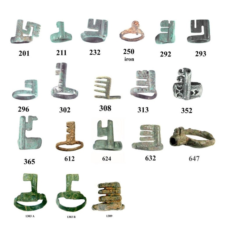 May include: A collection of 17 antique key rings made of metal. The rings are in various shapes and sizes, and some have intricate designs. The rings are arranged in rows on a white background.