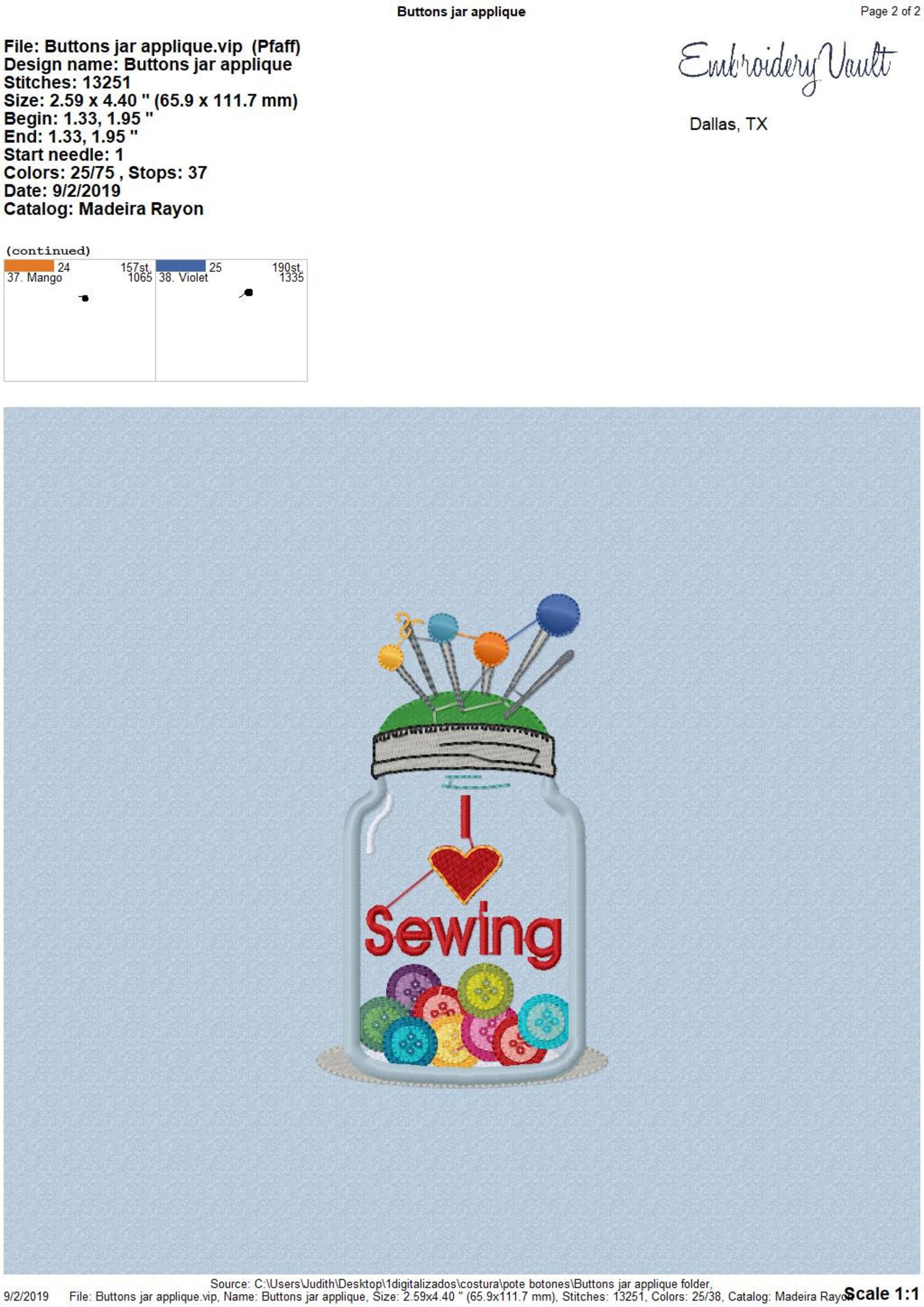 Sewing Buttons Jar Applique Embroidery Design, Multiple Formats - Etsy
