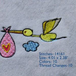 Arriving Baby Stork Embroidery Design, Multiple Formats. image 1