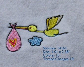 Arriving Baby Stork Embroidery Design, Multiple Formats.