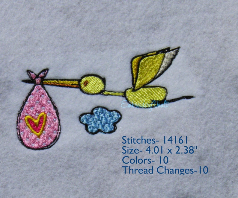 Arriving Baby Stork Embroidery Design, Multiple Formats. image 1