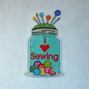 Sewing Buttons Jar Applique Embroidery Design, Multiple Formats