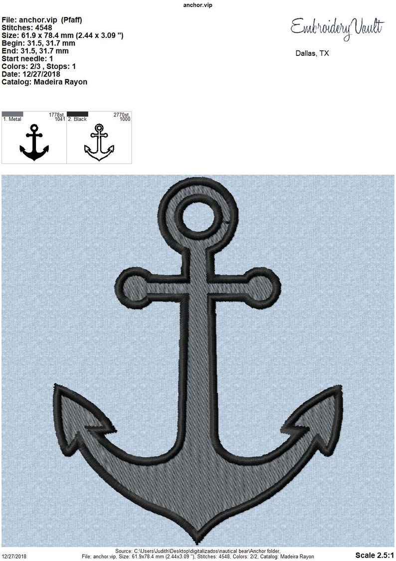 Nautical Anchor embroidery design, multiple formats image 2