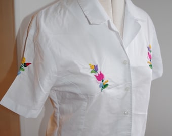 Hand Embroidered White Office Shirt - decorated with folk art motifs