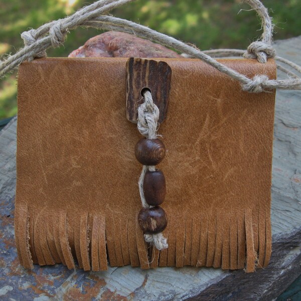 Native American. Handmade. tan leather / suede folding. medicine, money pouch, beads, antler, button