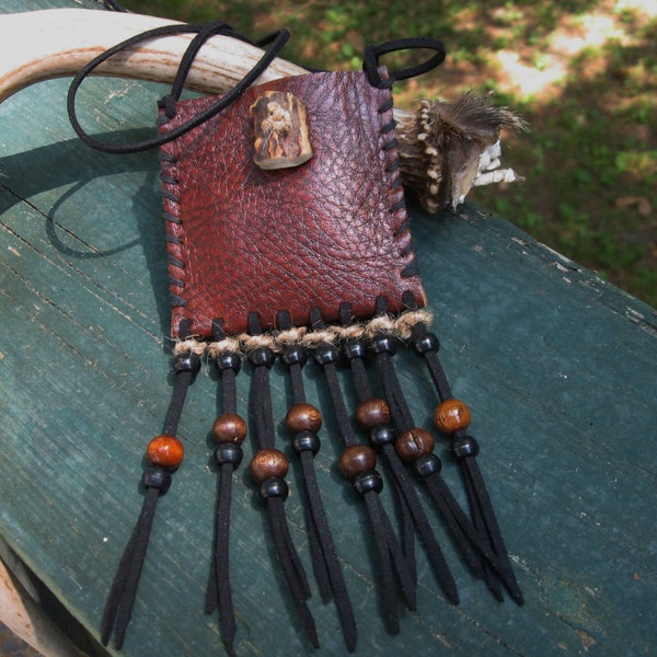 BREYA //  Native. Made to order. handmade. pouch. medicine bag. amulet. brown leather. antler. beads. natural hemp.
