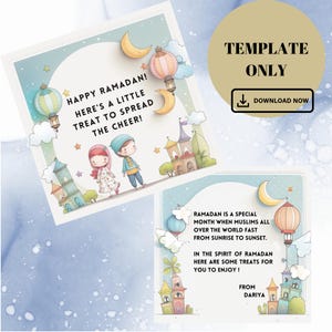 Modelo para Cartão de Guloseimas Ramadan/EID, Etiquetas de Lembranças Ramadan para Sala de Aula/Escola/Crianças (Cartão Digital/Imprizível). Cartão de felicitações islâmico