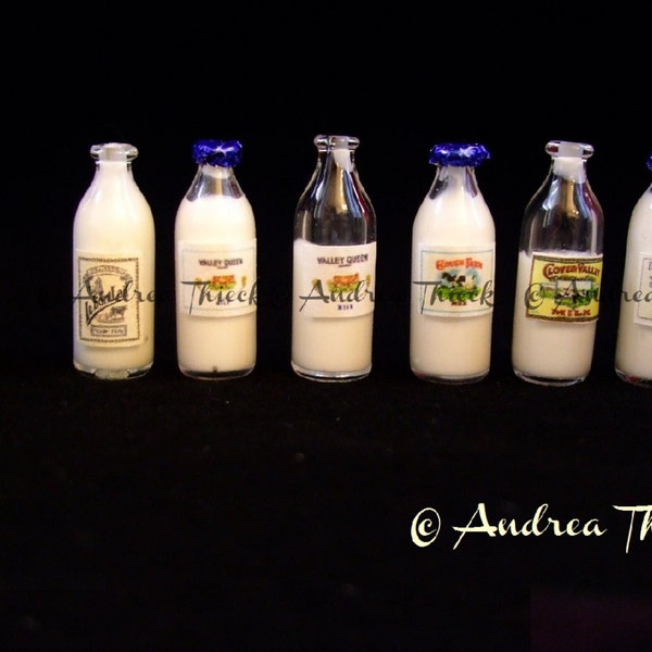 Miniature Milk Bottle - choose label and filling quantity   1:12 scale