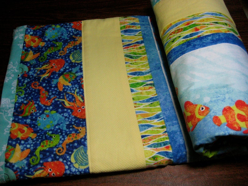 Handmade Ocean Animals Baby Quilt in Blue /& Yellow for the Nursery or Stroller