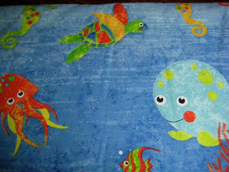 Handmade Ocean Animals Baby Quilt in Blue /& Yellow for the Nursery or Stroller