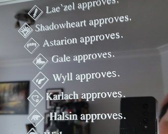 Baldur's Gate 3 Character Mirror Approval Decals: Astarion, Gale, Lae'zel, Shadowheart, Halsin, Karlach, Wyll, Withers, Minthara, Jaheira