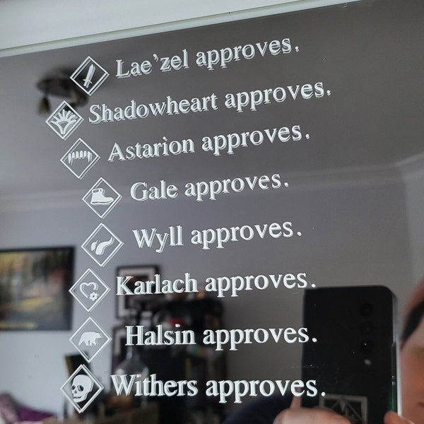 Baldur's Gate 3 Character Mirror Approval Decals: Astarion, Gale, Lae'zel, Shadowheart, Halsin, Karlach, Wyll, Withers, Minthara, Jaheira