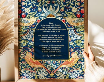Hope is the Thing with Feathers Emily Dickinson Poem Gold Foil Print, William Morris Art