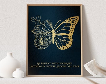 Be Patient with Yourself - Therapy Office Decor - Psychologist Office - Floral Butterfly Print - Social Worker Gift - 8.5x11 inches