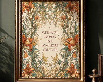 Well Read Woman Art Print, Vintage Botanical Bookish Wall Decor