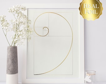 Math Poster - Fibonacci Spiral Art - Math Teacher Gift - Gold Foil Print - 8.5x11 inches