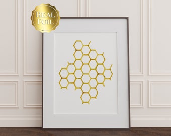 Honeycomb Gold Foil Print - Honeycomb Art Print - Honeycomb Decor - Gold Foil Prints - Honey Bee Art - Beekeeper Gift - White and Gold Art