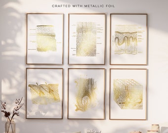 Esthetician Gift Set of 6 Prints - Esthetician Office Decor - Dermatology Art - Gold Foil Print -  Epidermis Art