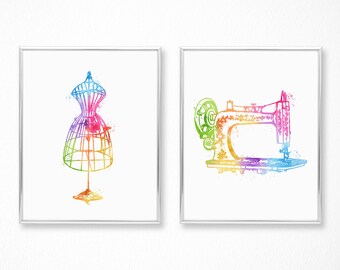 Gifts for Sewers - Sewing Machine Art - Dressform Mannequin - Watercolor Print Set - Sewing Gifts - Sewing Room Decor - Chic Decor
