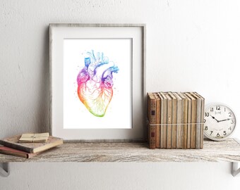 Cardiologist Gift - Heart Anatomy Print - Watercolor Heart - Medical Office Decor - Heart Art Print - Rainbow Heart