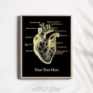 K&ouml;nnte beinhalten: Goldfolie-Druck eines menschlichen Herzens mit anatomischen Beschriftungen auf schwarzem Hintergrund. Der Text "Your Text Here" befindet sich am unteren Rand des Drucks. Druckgr&ouml;&szlig;e: 21,6 x 27,9 cm. Rahmen nicht im Lieferumfang enthalten.