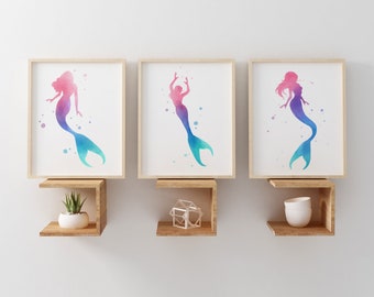 Mermaid Set of 3 Prints - Mermaid Wall Art - Mermaid Nursey Art - Mermaid Nursery Print - Mermaid Girls Room - Girl Gift Ideas