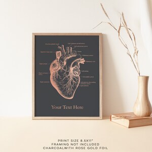 K&ouml;nnte beinhalten: Eine druckbare anatomische Herzillustration mit Ros&eacute;gold-Folienakzenten auf einem anthrazitfarbenen Hintergrund. Der Druck ist 8,5 Zoll mal 11 Zoll gro&szlig; und enth&auml;lt den Text "Your Text Here".