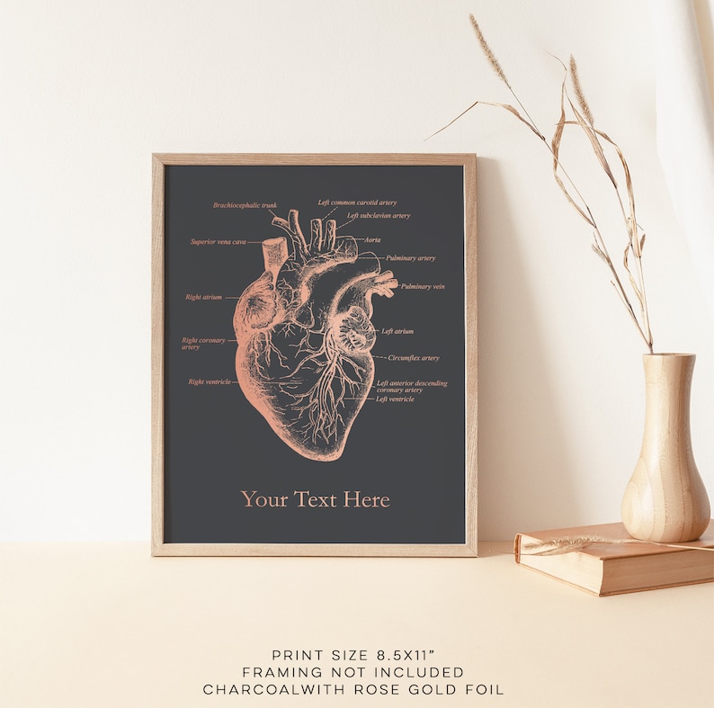 K&ouml;nnte beinhalten: Eine druckbare anatomische Herzillustration mit Ros&eacute;gold-Folienakzenten auf einem anthrazitfarbenen Hintergrund. Der Druck ist 8,5 Zoll mal 11 Zoll gro&szlig; und enth&auml;lt den Text "Your Text Here".