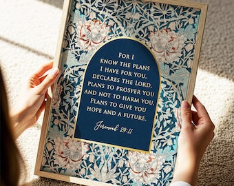 Plans for You Jeremiah 29:11 Scripture Print - Gold Foil Bible Verse Wall Art - William Morris Vintage Floral