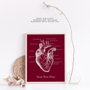 K&ouml;nnte beinhalten: Eine druckbare anatomische Herzillustration mit beschrifteten Teilen, gedruckt auf einem burgunderfarbenen Hintergrund mit Silberfolie. Die Druckgr&ouml;&szlig;e betr&auml;gt 8,5x11 Zoll. Der Text "Your Text Here" befindet sich am unteren Rand des Drucks.