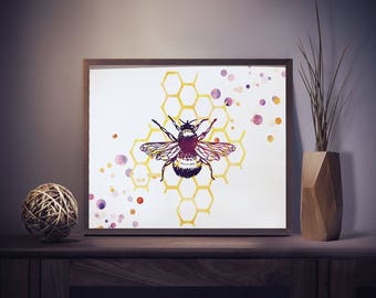 Bee Print - Honeycomb Print - Watercolor Bee Print - Bee and Honeycomb - Beekeeper Gift  - Bee Keeper - Bee Decor - Bee Wall Art - Bumblebee