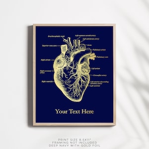 K&ouml;nnte beinhalten: Eine anatomische Herzdarstellung in Goldfolie auf einem tiefblauen Hintergrund. Das Herz ist mit den Namen der verschiedenen Teile des Herzens beschriftet. Der Text "Your Text Here" ist unter dem Herzen gedruckt. Die Druckgr&ouml;&szlig;e betr&auml;gt 8,5x11 Zoll. Ein Rahmen ist nicht im Lieferumfang enthalten.