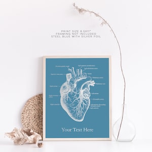K&ouml;nnte beinhalten: Eine Vintage-anatomische Illustration des menschlichen Herzens auf einem stahlblauen Hintergrund mit silbernen Folienakzenten. Der Druck ist 8,5 Zoll mal 11 Zoll gro&szlig; und enth&auml;lt den Text "Your Text Here".