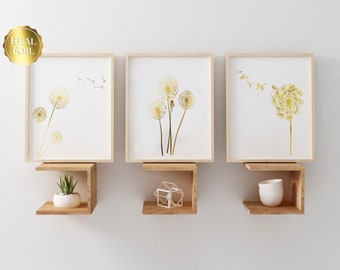Dandelion Print set of 3 - Gold Foil Dandelion Print - Gold Floral Print - Dandelion Wall Art - Summer Wall Decor - Botanical Wall Art