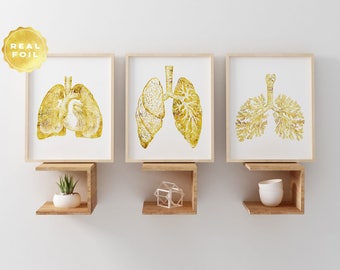 Respiratory Therapist Gift - Lung Anatomy Print Set - Pulmonologist Gift - Lung Art - Med Student Gift - Gold Foil - Pulmonary Art