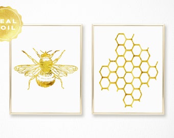 Bee Gold Foil Print - Honeycomb Art Print - Bumble Bee Art Print - Honey Bee Art - Honeycomb Decor - Apiary - Beekeeper Gift