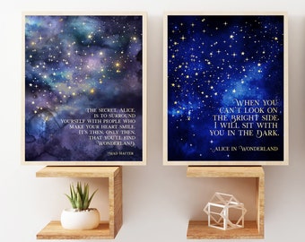 Alice in Wonderland Quotes - Set of 2 - The Secret Quote - Bright Side Quote - Mad Hatter Quote - Lewis Carroll - 8.5x11 inches